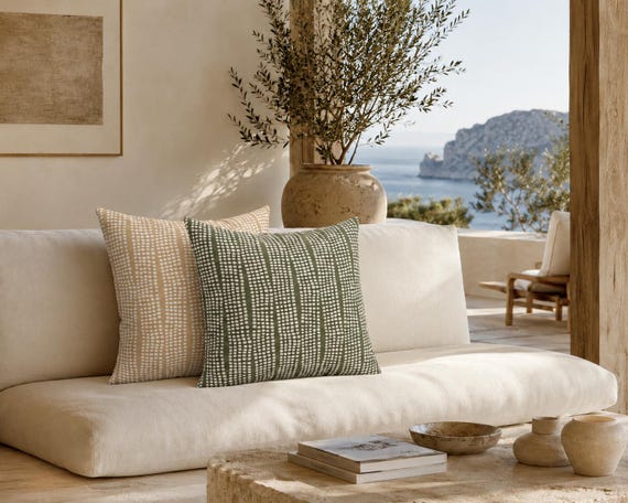 Dot Stripe Throw Pillow | Green or Beige – Indoor & Outdoor