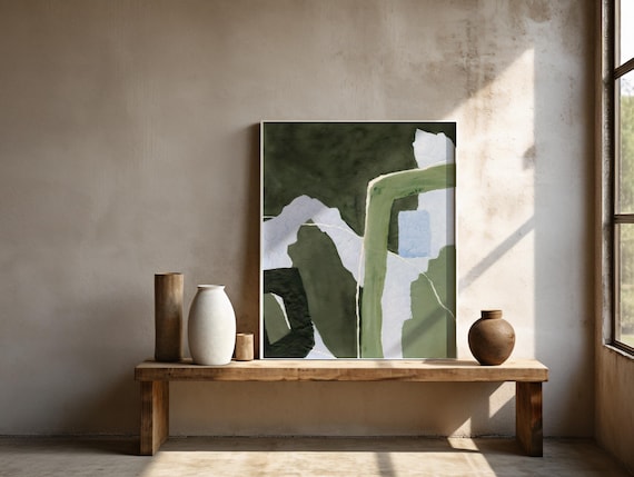Framed Poster: Green Textured Abstract, Modern Minimal Wall Art