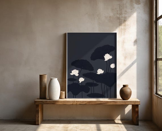 Dark Lotus Botanical Wall Art | Japanese Ink Style Floral – Framed Poster | Ready to Hang