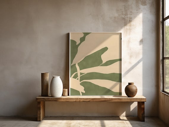 Framed Poster: Modern Minimalist Sage Green Botanical Silhouette Art