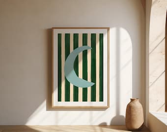 Green Stripe Nursery Wall Art | Crescent Moon | Fine Art Poster