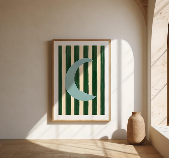 Green Stripe Nursery Wall Art | Crescent Moon | Fine Art Poster
