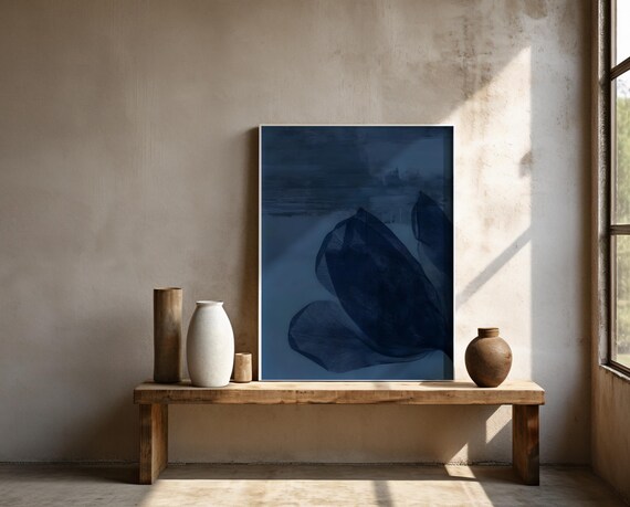 Deep Navy Blue Abstract Botanical Wall Art – Framed Poster