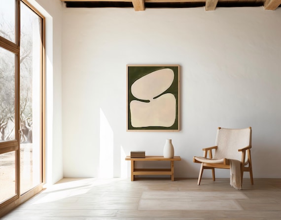 Fine Art Poster: Minimalist Abstract Green & Cream Art | Organic Modern Wall Decor (Unframed)