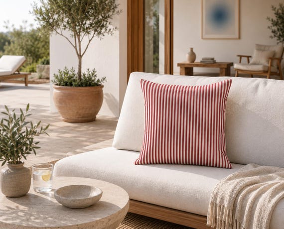 Red and White Stripe Outdoor Pillow | Classic Cabana Pattern – UV Resistant Patio Cushion