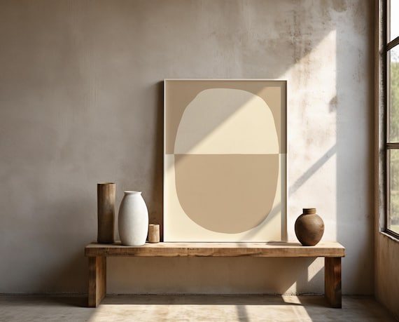 Taupe and Cream Oval Wall Art | Color Block Abstract – Framed Poster | Ready to Hang