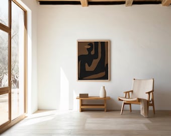 May include: A bright, airy interior space with a large window and a framed abstract art piece. A wooden bench holds a white vase and a stack of books. A wooden chair with a cream-colored throw is positioned nearby, creating a minimalist, modern aesthetic.
