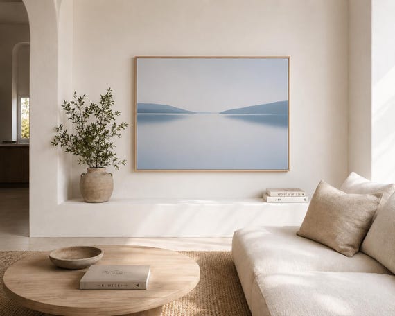 Foggy Lake Wall Art | Calm Blue-Grey Hills – Framed Canvas