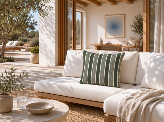 Forest Green Stripe Outdoor Pillow | Cream Cabana Pattern – UV Resistant Patio Cushion