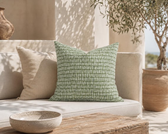 Sage Green Outdoor Pillow | Woven Dash Pattern – UV Resistant Patio Cushion