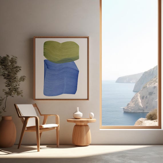 Minimalist Abstract Wavy Line Art: Green & Blue Organic Shapes - Digital Download Wall Decor Print