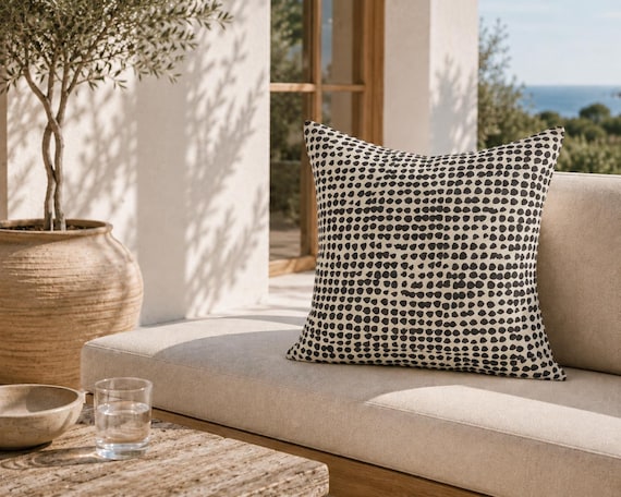 Cream and Brown Scatter Outdoor Pillow | Organic Dot Pattern – UV Resistant Patio Cushion