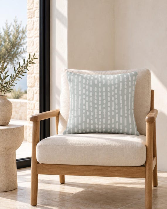Pale Mint Abstract Outdoor Pillow | White Dash Pattern – UV Resistant Patio Cushion