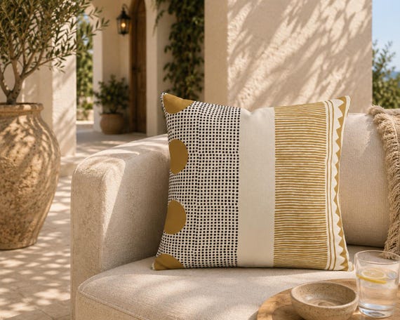 Mustard and Black Block Print Outdoor Pillow | Graphic Pattern – UV Resistant Patio Cushion