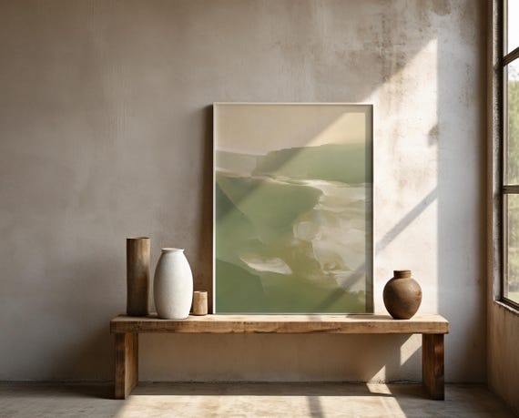Sage Green Landscape Wall Art | Soft Cliff Abstract – Framed Poster | Ready to Hang