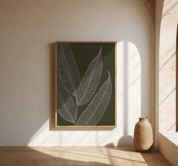 Green Botanical Line Art Print – Minimalist Leaf Wall Art – Framed Poster