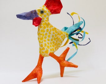 Hand made in Cornwall, paper mache rooster, great gift for chicken lovers, unique art piece.