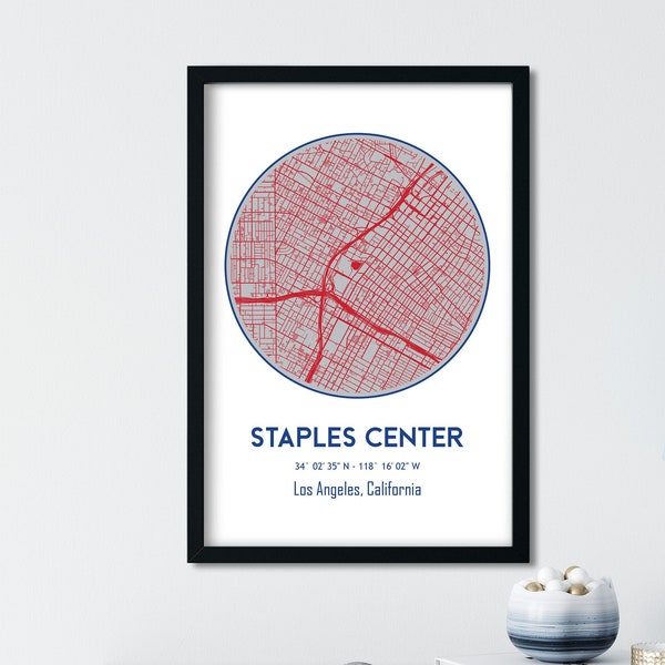 Staples Center, Clippers de Los Angeles, carte du stade de la NBA, art du basket-ball, carte de la Californie, décor de l'homme des cavernes, cadeau de tondeuses, affiche de tondeuses