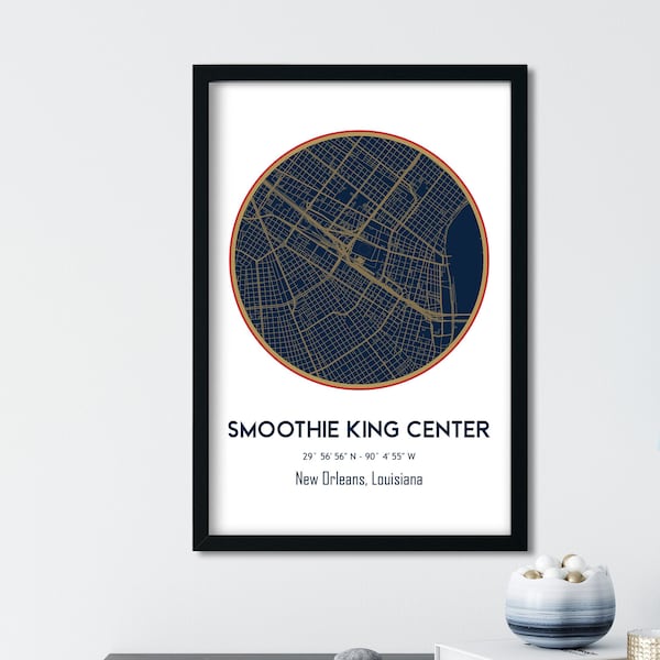 Smoothie King Center, New Orleans Pelicans, NBA Stadium Map, Basketball Art, Louisiana Map, Man Cave Decor, Pelicans Gift, Pelicans Poster