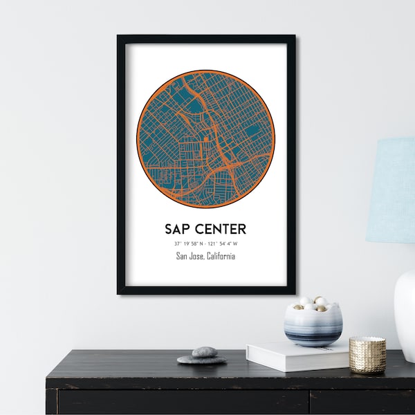 SAP Center, San Jose Sharks, NHL Stadium Map, Ice Hockey Art, California City Map, Man Cave Decor, Sharks Gift, Sharks Poster, San Jose Map