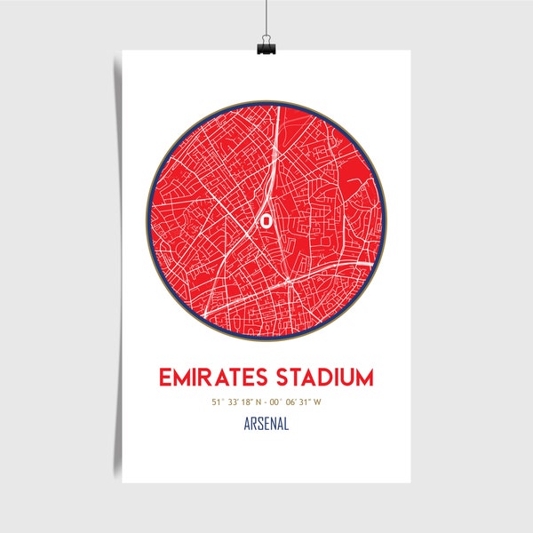 Emirates Stadium Map, Arsenal Stadium, Premier League, United Kingdom, Soccer Poster, English Poster, Soccer Field, Stadium Map, Football