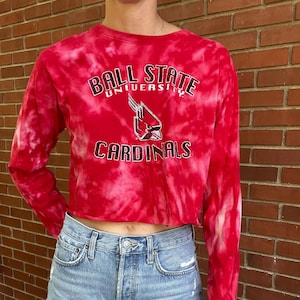 Women&#39;s Ball State Acid Washed Cropped Long Sleeve Shirt | Ball State Crop Top | Ball State Long Sleeve Shirt | Ball State Tie-Dyed Shirt