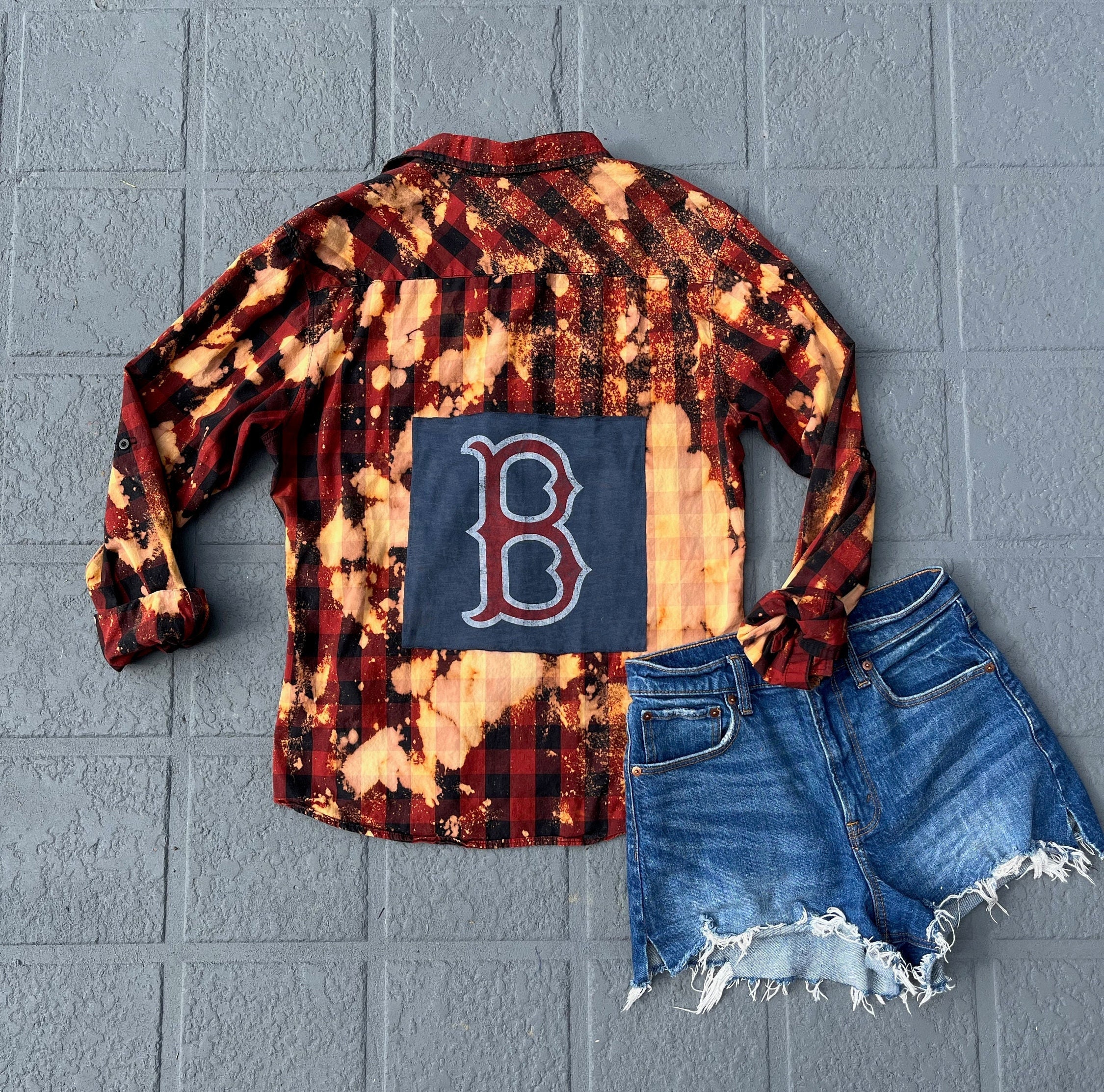 UpcycledFanClub Boston Red Sox Acid Wash Flannel | MLB Shirt | Red Sox Apparel | Custom MLB | Women's Red Sox Shirt | Boston Flannel