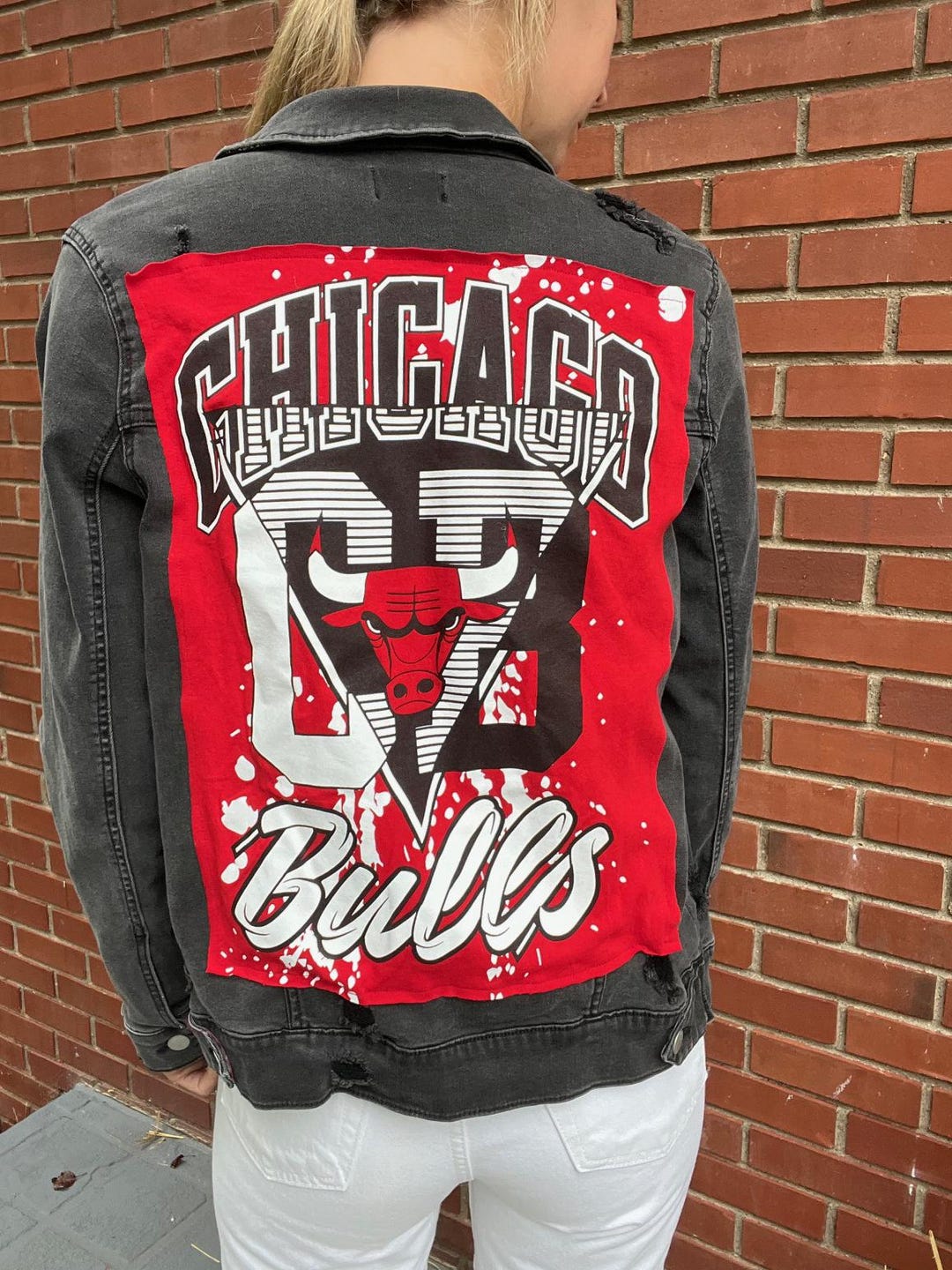Women's Chicago Bulls Black Denim Jacket | Chicago Bulls Jean Jacket | Custom Bulls Apparel 