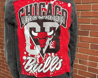 Chaqueta vaquera negra de los Chicago Bulls para mujer / Chaqueta vaquera de los Chicago Bulls / Ropa personalizada de los Bulls / Chaqueta vaquera de baloncesto de los Bulls