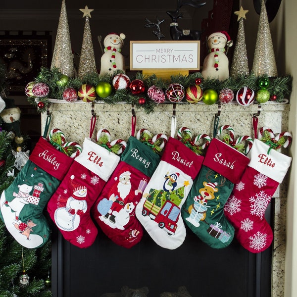 Personalized Christmas Stockings Embroidered personalized gift Velvet stockings with applique santa, snow flakes, reindeer, polar bear