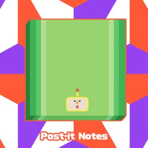 May include: A green Post-it Notes pad with a cartoon robot face on the front. The background features a geometric pattern of red, purple, and white shapes. The words "Post-it Notes" are written in red.