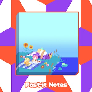 May include: A Post-it Notes pad with an illustration of a character relaxing by a pond. The character is on a blue and white striped blanket, with flowers and a frog nearby. The background is light blue.