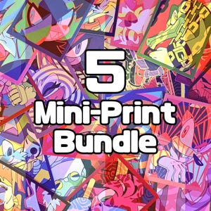 Puede incluir: Un vibrante conjunto de cinco mini-impresiones con personajes de dibujos animados coloridos. La imagen muestra una variedad de diseños, incluyendo un cocodrilo con una pistola y arte abstracto. El texto en la imagen dice "5 Mini-Print Bundle."