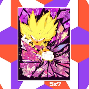 May include: A vibrant 5x7 print featuring a yellow character with spiky hair, breaking through a shattered purple and pink background. The character's fist is clenched, and the artwork has a dynamic, action-oriented feel.