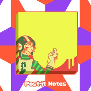 Op de afbeelding: Een gele Post-it met een illustratie van een persoon met een groen en rode helm die rode verf spuit. De persoon spuit rode verf op de Post-it. De tekst "Post-it Notes" staat onderaan.