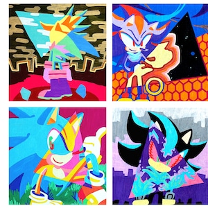 May include: A vibrant artwork featuring four square panels, each showcasing a different character from the Sonic the Hedgehog series. The panels use bold colors and geometric shapes to depict the characters in dynamic poses, creating a modern art style.