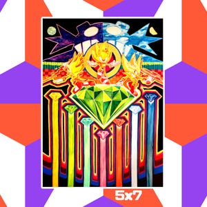 Könnte beinhalten: Ein lebendiger 5x7 Zoll Druck mit einer gelben Figur mit stacheligen Haaren, roten Schuhen und einem grünen Edelstein. Das Kunstwerk zeigt einen großen grünen Diamanten, farbige vertikale Linien und zwei gegnerische Charaktere im Hintergrund.