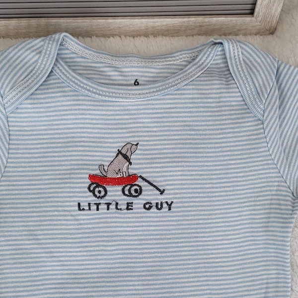 Baby Boy Onesie, Little Guy Doggy Design Onesie,  White/Blue Stripes Onesie, 6 month Baby Boy Onesie, Trendy Onesie, Bodysuit for baby