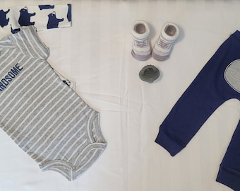 Baby Boy Cotton Outfit Set, Bear Onesie, Blue Pants