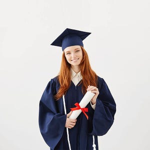 doctorate graduation dress Custom Doctoral Gown and Tam Package sided navy blue velvet doctoral tam with gold silk tassel FREE garment bag to protect your Virginia doctoral regalia set Model is 55 (height with shoes) and wearing PhD Gown size S. Mom graduation | Doctorate aesthetic,