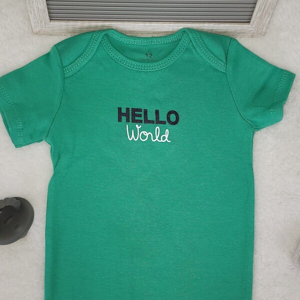 Baby Boy Onesie, Hello World Design Onesie,  Green Onesie, 12 month Baby Boy Onesie, Cute Onesie, Trendy onesie, Stylish Bodysuit