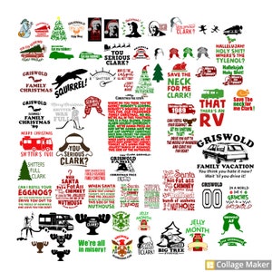 Op de afbeelding: Een collage van kerstthema-afbeeldingen en tekst uit de film "National Lampoon's Christmas Vacation". Bevat zinnen als "You serious Clark?" en "Shitter's full". De afbeeldingen zijn in zwart, wit en rood.