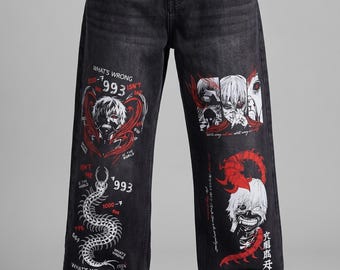 Y2k Anime bedrukte unisex denim broek wijde pijpen Monkey Tokyo Ghoul zwarte baggy jeans