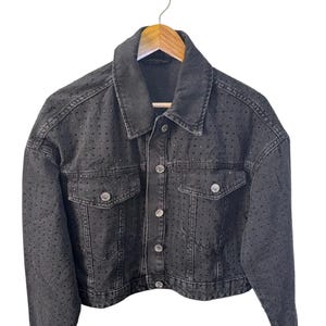 Studded Black Cropped Ladies Denim Jacket – Vintage Wash, Shimmer Detail