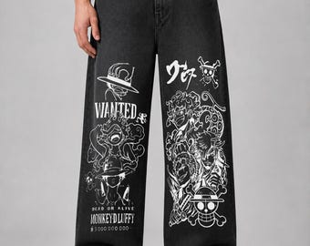 Y2k Anime Printed Denim pant Wide Legs Monkey Luffy Gear Black Baggy Pant
