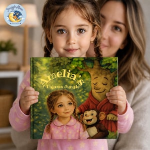 May include: A hardcover children's book titled Amelia's Pajama Jungle. The cover features an illustration of a young girl with braided hair wearing pink pajamas, a smiling tree character in a red robe, and a small monkey against a forest background.