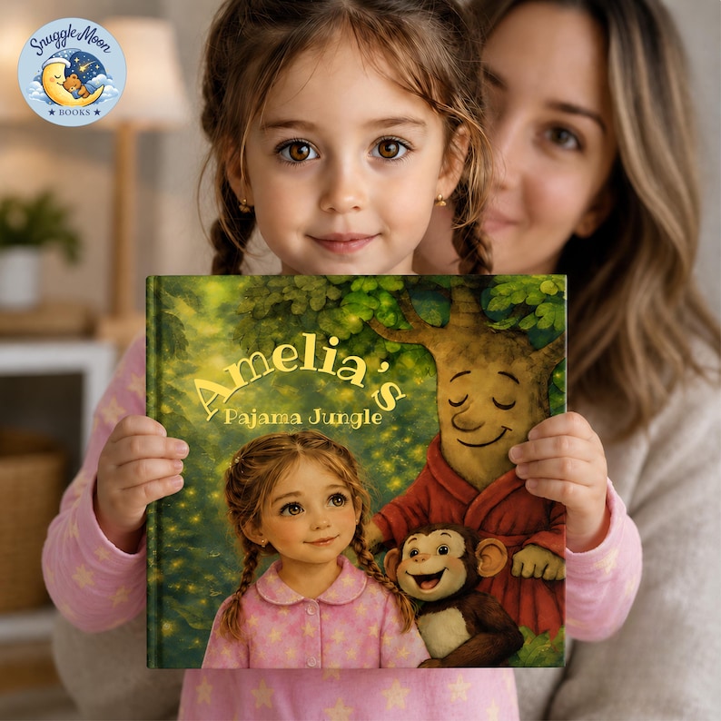 May include: A hardcover children's book titled Amelia's Pajama Jungle. The cover features an illustration of a young girl with braided hair wearing pink pajamas, a smiling tree character in a red robe, and a small monkey against a forest background.