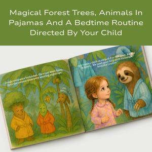 May include: A children's picture book open to two pages featuring illustrations of anthropomorphic trees in bathrobes and a young child standing next to a sloth wearing striped pajamas, with text describing a jungle bedtime routine.
