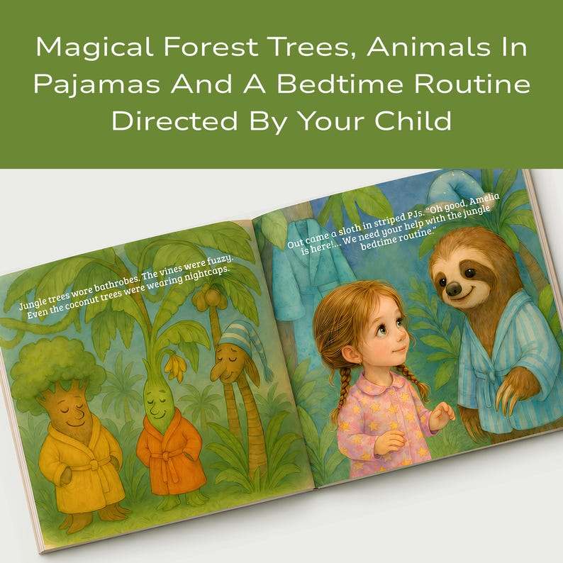 May include: A children's picture book open to two pages featuring illustrations of anthropomorphic trees in bathrobes and a young child standing next to a sloth wearing striped pajamas, with text describing a jungle bedtime routine.