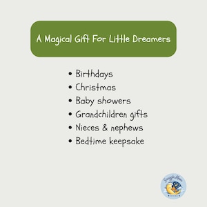 May include: A rectangular green graphic with white text reading A Magical Gift For Little Dreamers, followed by a bulleted list of occasions: Birthdays, Christmas, Baby showers, Grandchildren gifts, Nieces & nephews, and Bedtime keepsake.